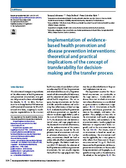 Vorschauseite 1: Implementation of evidence-based health promotion and disease prevention interventions: theoretical and practical implications of the concept of transferability for decision-makin…