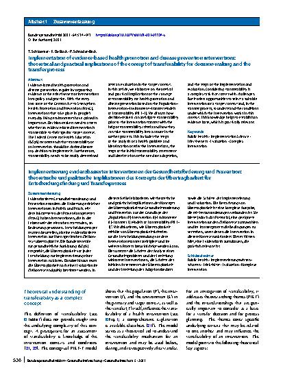 Vorschauseite 3: Implementation of evidence-based health promotion and disease prevention interventions: theoretical and practical implications of the concept of transferability for decision-makin…