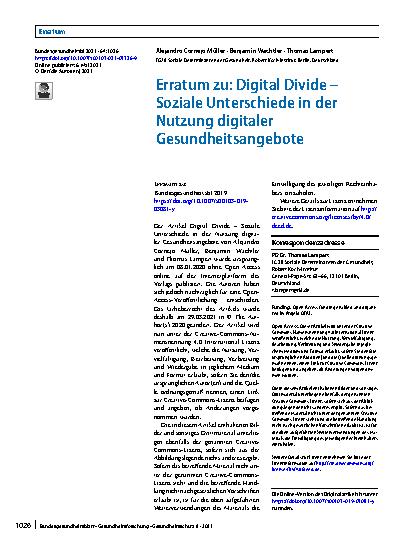 Vorschauseite 1: Erratum zu: Digital Divide – Soziale Unterschiede in der Nutzung digitaler Gesundheitsangebote