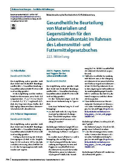 Vorschauseite 1: Gesundheitliche Beurteilung von Materialien und Gegenständen für den Lebensmittelkontakt im Rahmen des Lebensmittelund Futtermittelgesetzbuches