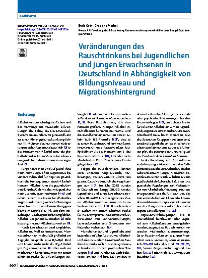Vorschauseite 1: Veränderungen des Rauschtrinkens bei Jugendlichen und jungen Erwachsenen in Deutschland in Abhängigkeit von Bildungsniveau und Migrationshintergrund