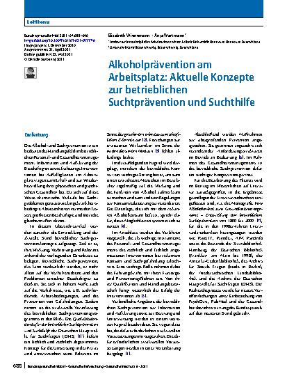 Vorschauseite 1: Alkoholprävention am Arbeitsplatz: Aktuelle Konzepte zur betrieblichen Suchtprävention und Suchthilfe