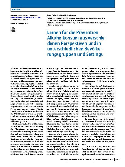 Vorschauseite 1: Lernen für die Prävention: Alkoholkonsum aus verschiedenen Perspektiven und in unterschiedlichen Bevölkerungsgruppen und Settings