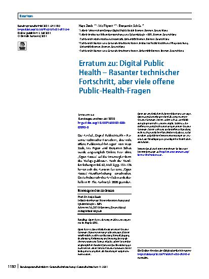 Vorschauseite 1: Erratum zu: Digital Public Health – Rasanter technischer Fortschritt, aber viele offene Public-Health-Fragen