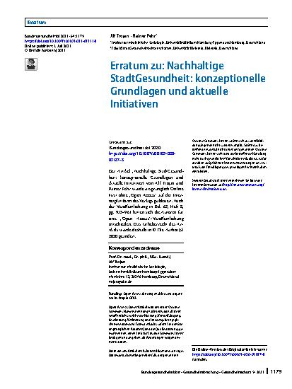 Vorschauseite 1: Erratum zu: Nachhaltige StadtGesundheit: konzeptionelle Grundlagen und aktuelle Initiativen