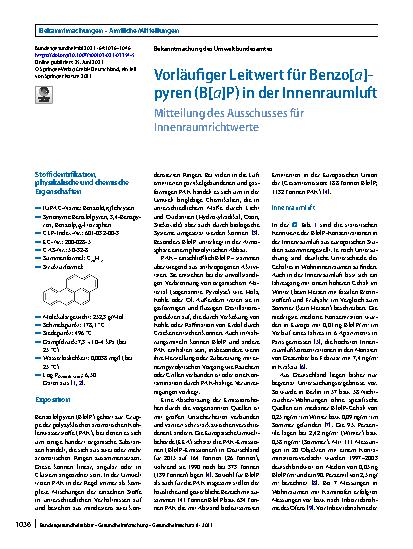Vorschauseite 1: Vorläufiger Leitwert für Benzo[a]pyren (B[a]P) in der Innenraumluft