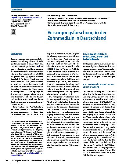 Vorschauseite 1: Versorgungsforschung in der Zahnmedizin in Deutschland