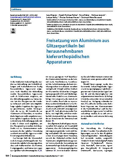 Vorschauseite 1: Freisetzung von Aluminium aus Glitzerpartikeln bei herausnehmbaren kieferorthopädischen Apparaturen