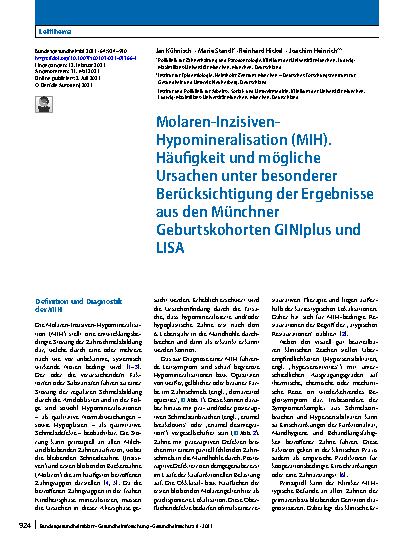 Vorschauseite 1: Molaren-Inzisiven-Hypomineralisation (MIH). Häufigkeit und mögliche Ursachen unter besonderer Berücksichtigung der Ergebnisse aus den Münchner Geburtskohorten GINIplus und LISA