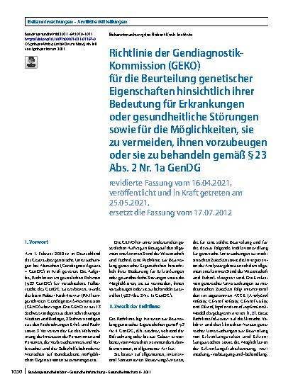 Vorschauseite 1: Richtlinie der Gendiagnostik-Kommission (GEKO) für die Beurteilung genetischer Eigenschaften hinsichtlich ihrer Bedeutung für Erkrankungen oder gesundheitliche Störungen sowie für…