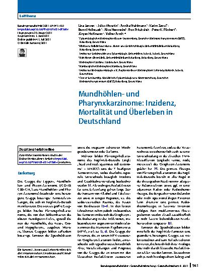 Vorschauseite 1: Mundhöhlenund Pharynxkarzinome: Inzidenz, Mortalität und Überleben in Deutschland
