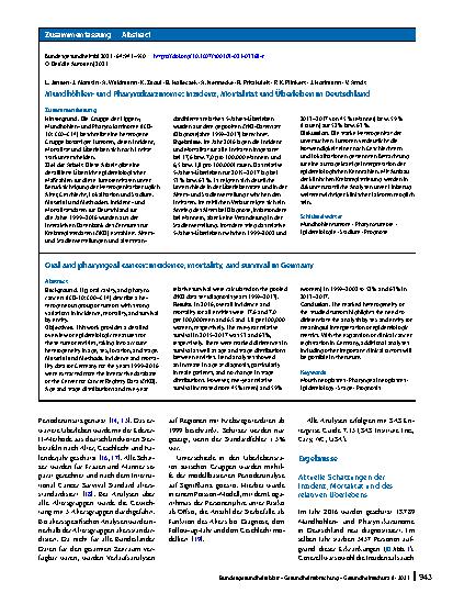 Vorschauseite 3: Mundhöhlenund Pharynxkarzinome: Inzidenz, Mortalität und Überleben in Deutschland