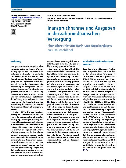 Vorschauseite 1: Inanspruchnahme und Ausgaben in der zahnmedizinischen Versorgung