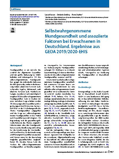 Vorschauseite 1: Selbstwahrgenommene Mundgesundheit und assoziierte Faktoren bei Erwachsenen in Deutschland. Ergebnisse aus GEDA 2019/2020-EHIS
