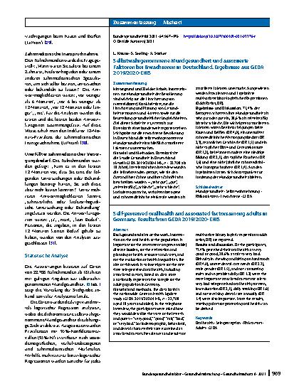 Vorschauseite 3: Selbstwahrgenommene Mundgesundheit und assoziierte Faktoren bei Erwachsenen in Deutschland. Ergebnisse aus GEDA 2019/2020-EHIS
