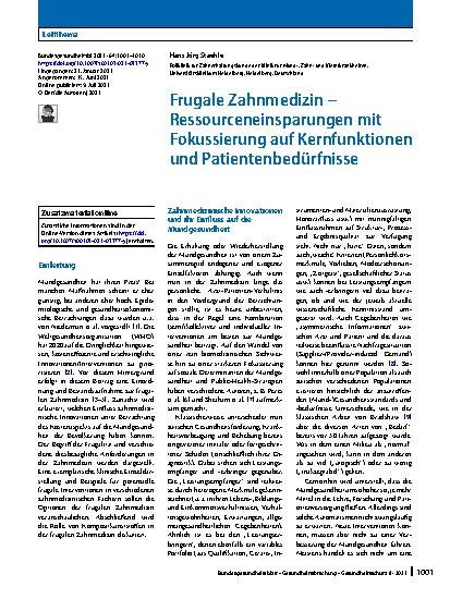 Vorschauseite 1: Frugale Zahnmedizin – Ressourceneinsparungen mit Fokussierung auf Kernfunktionen und Patientenbedürfnisse