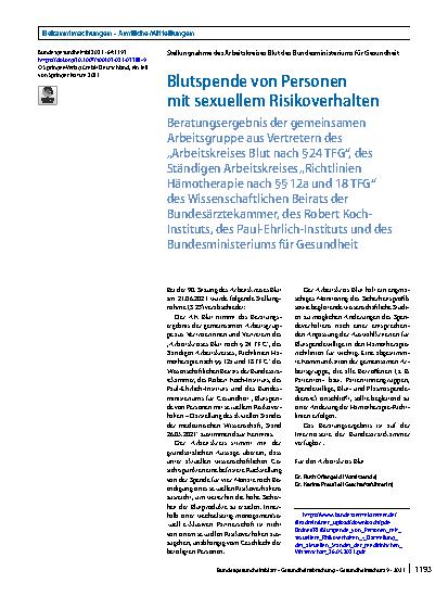 Vorschauseite 1: Blutspende von Personen mit sexuellem Risikoverhalten