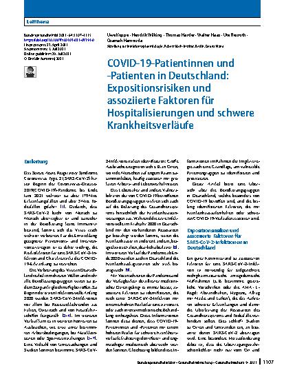 Vorschauseite 1: COVID-19-Patientinnen und -Patienten in Deutschland: Expositionsrisiken und assoziierte Faktoren für Hospitalisierungen und schwere Krankheitsverläufe
