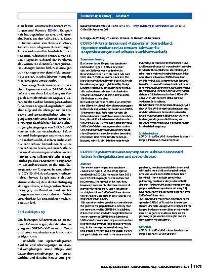 Vorschauseite 3: COVID-19-Patientinnen und -Patienten in Deutschland: Expositionsrisiken und assoziierte Faktoren für Hospitalisierungen und schwere Krankheitsverläufe