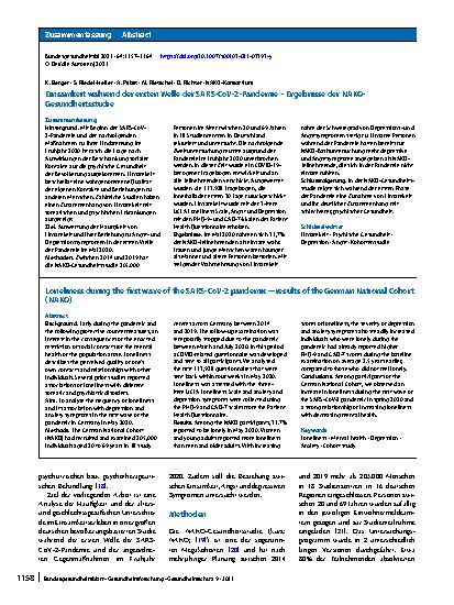 Vorschauseite 2: Einsamkeit während der ersten Welle der SARS-CoV-2-Pandemie – Ergebnisse der NAKO-Gesundheitsstudie