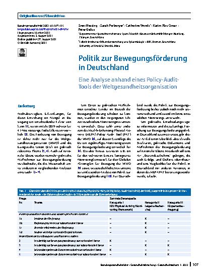 Vorschauseite 1: Politik zur Bewegungsförderung in Deutschland