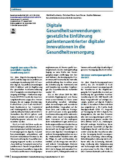 Vorschauseite 1: Digitale Gesundheitsanwendungen: gesetzliche Einführung patientenzentrierter digitaler Innovationen in die Gesundheitsversorgung