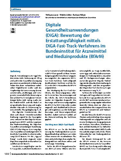Vorschauseite 1: Digitale Gesundheitsanwendungen (DiGA): Bewertung der Erstattungsfähigkeit mittels DiGA-Fast-Track-Verfahrens im Bundesinstitut für Arzneimittel und Medizinprodukte (BfArM)