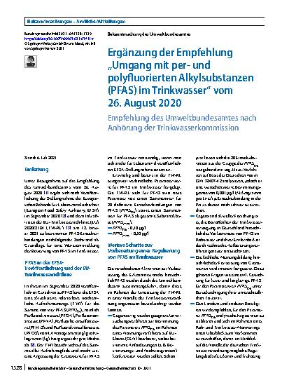 Vorschauseite 1: Ergänzung der Empfehlung „Umgang mit perund polyfluorierten Alkylsubstanzen (PFAS) im Trinkwasser“ vom 26. August 2020