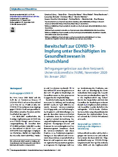 Vorschauseite 1: Bereitschaft zur COVID-19-Impfung unter Beschäftigten im Gesundheitswesen in Deutschland