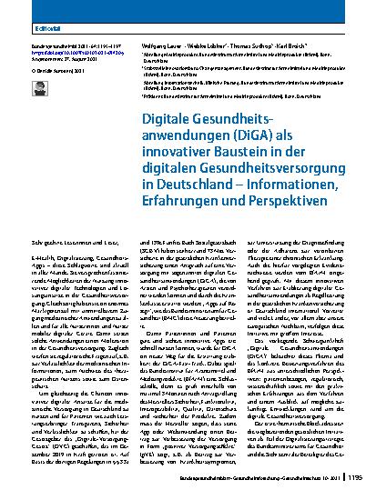 Vorschauseite 1: Digitale Gesundheitsanwendungen (DiGA) als innovativer Baustein in der digitalen Gesundheitsversorgung in Deutschland – Informationen, Erfahrungen und Perspektiven