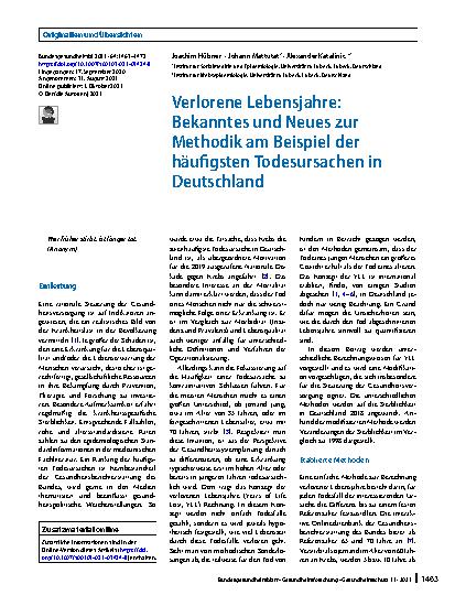 Vorschauseite 1: Verlorene Lebensjahre: Bekanntes und Neues zur Methodik am Beispiel der häufigsten Todesursachen in Deutschland