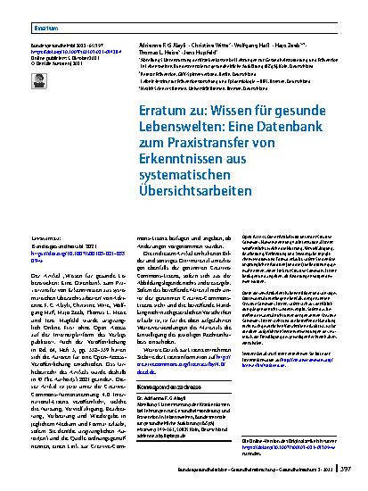 Vorschauseite 1: Erratum zu: Wissen für gesunde Lebenswelten: Eine Datenbank zum Praxistransfer von Erkenntnissen aus systematischen Übersichtsarbeiten