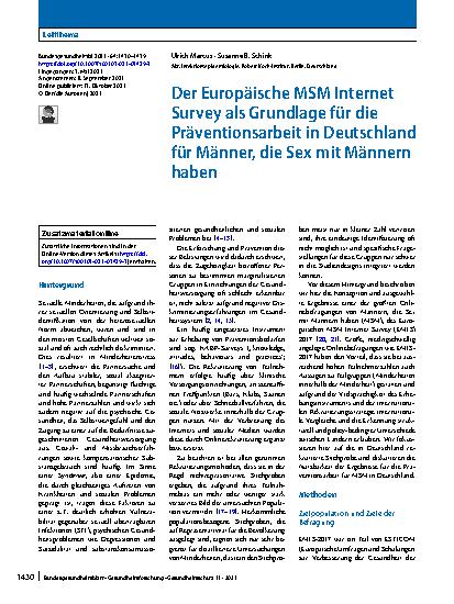 Vorschauseite 1: Der Europäische MSM Internet Survey als Grundlage für die Präventionsarbeit in Deutschland für Männer, die Sex mit Männern haben