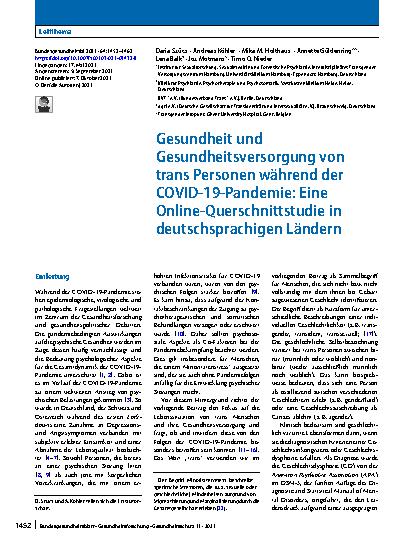 Vorschauseite 1: Gesundheit und Gesundheitsversorgung von trans Personen während der COVID‑19-Pandemie: Eine Online-Querschnittstudie in deutschsprachigen Ländern