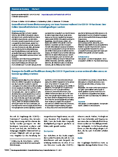 Vorschauseite 3: Gesundheit und Gesundheitsversorgung von trans Personen während der COVID‑19-Pandemie: Eine Online-Querschnittstudie in deutschsprachigen Ländern