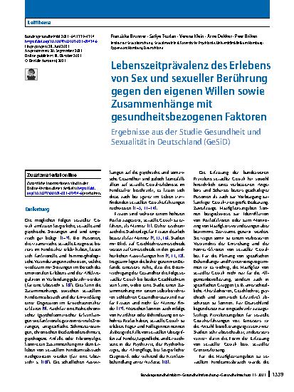 Vorschauseite 1: Lebenszeitprävalenz des Erlebens von Sex und sexueller Berührung gegen den eigenen Willen sowie Zusammenhänge mit gesundheitsbezogenen Faktoren