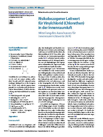 Vorschauseite 1: Risikobezogener Leitwert für Vinylchlorid (Chlorethen) in der Innenraumluft