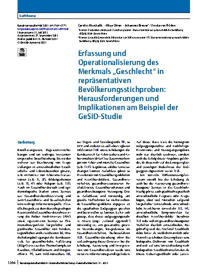 Vorschauseite 1: Erfassung und Operationalisierung des Merkmals „Geschlecht“ in repräsentativen Bevölkerungsstichproben: Herausforderungen und Implikationen am Beispiel der GeSiD-Studie