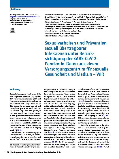 Vorschauseite 1: Sexualverhalten und Prävention sexuell übertragbarer Infektionen unter Berücksichtigung der SARS-CoV-2-Pandemie. Daten aus einem Versorgungszentrum für sexuelle Gesundheit und Med…