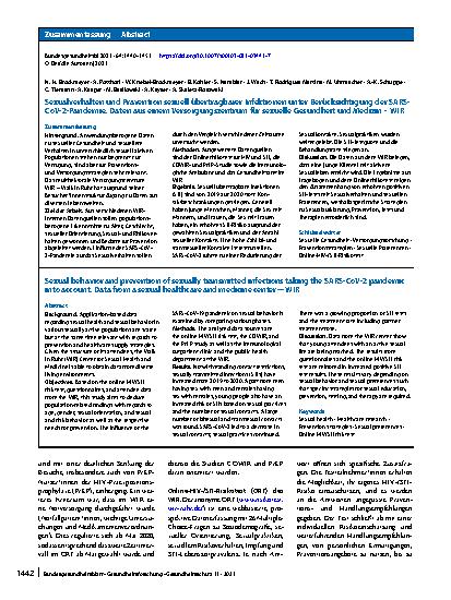 Vorschauseite 3: Sexualverhalten und Prävention sexuell übertragbarer Infektionen unter Berücksichtigung der SARS-CoV-2-Pandemie. Daten aus einem Versorgungszentrum für sexuelle Gesundheit und Med…