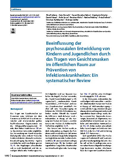 Vorschauseite 1: Beeinflussung der psychosozialen Entwicklung von Kindern und Jugendlichen durch das Tragen von Gesichtsmasken im öffentlichen Raum zur Prävention von Infektionskrankheiten: Ein sy…