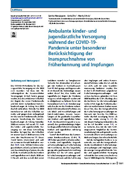 Vorschauseite 1: Ambulante kinderund jugendärztliche Versorgung während der COVID-19-Pandemie unter besonderer Berücksichtigung der Inanspruchnahme von Früherkennung und Impfungen