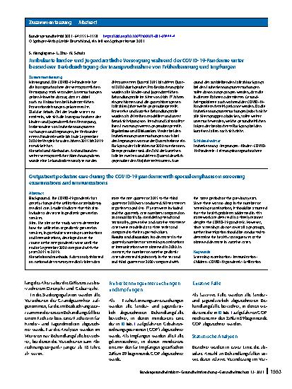 Vorschauseite 3: Ambulante kinderund jugendärztliche Versorgung während der COVID-19-Pandemie unter besonderer Berücksichtigung der Inanspruchnahme von Früherkennung und Impfungen