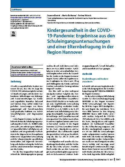 Vorschauseite 1: Kindergesundheit in der COVID-19-Pandemie: Ergebnisse aus den Schuleingangsuntersuchungen und einer Elternbefragung in der Region Hannover