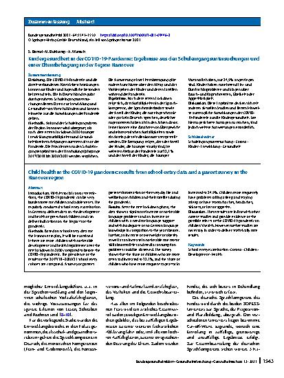 Vorschauseite 3: Kindergesundheit in der COVID-19-Pandemie: Ergebnisse aus den Schuleingangsuntersuchungen und einer Elternbefragung in der Region Hannover
