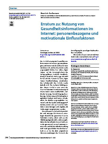 Vorschauseite 1: Erratum zu: Nutzung von Gesundheitsinformationen im Internet: personenbezogene und motivationale Einflussfaktoren