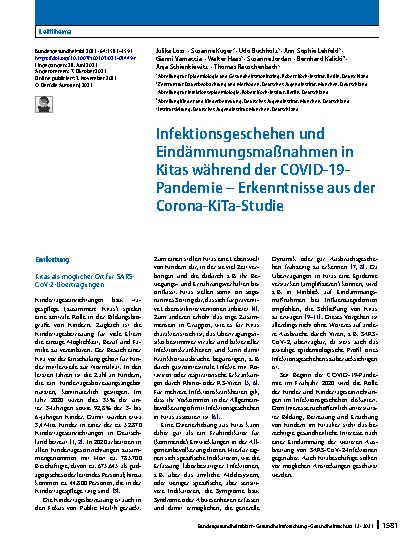 Vorschauseite 1: Infektionsgeschehen und Eindämmungsmaßnahmen in Kitas während der COVID-19-Pandemie – Erkenntnisse aus der Corona-KiTa-Studie