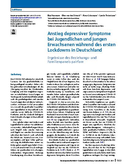 Vorschauseite 1: Anstieg depressiver Symptome bei Jugendlichen und jungen Erwachsenen während des ersten Lockdowns in Deutschland