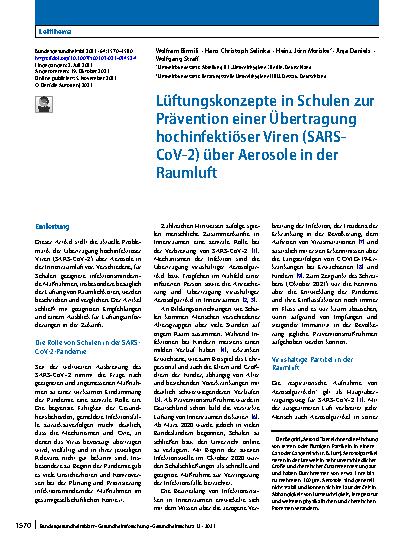 Vorschauseite 1: Lüftungskonzepte in Schulen zur Prävention einer Übertragung hochinfektiöser Viren (SARS-CoV‑2) über Aerosole in der Raumluft