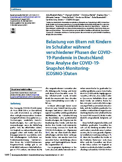 Vorschauseite 1: Belastung von Eltern mit Kindern im Schulalter während verschiedener Phasen der COVID-19-Pandemie in Deutschland: Eine Analyse der COVID-19-Snapshot-Monitoring-(COSMO‑)Daten